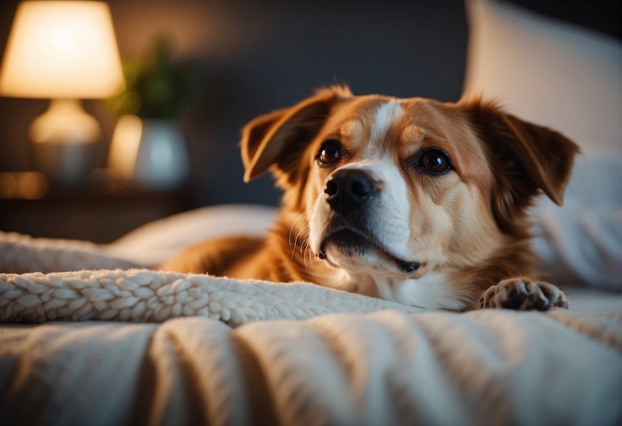 A dog lying peacefully on a cozy bed, surrounded by calming elements 