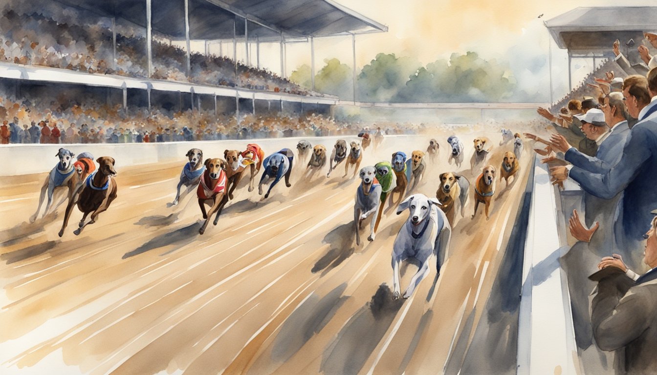 Greyhounds race around a track, with crowds cheering in the stands.</p><p>A film crew captures the action, while a director gives instructions