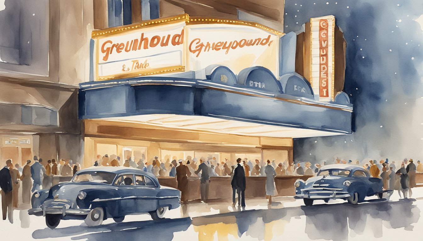 The scene depicts a vintage movie theater with a marquee displaying "Greyhound." The audience is filled with eager moviegoers, and the atmosphere is filled with excitement and anticipation