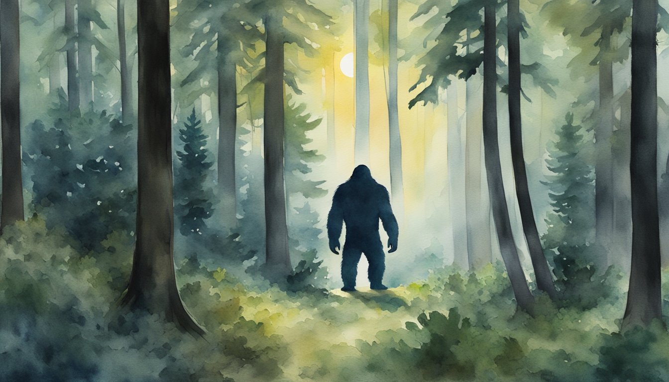 A dense forest at dusk, with a shadowy figure lurking behind the trees, creating an air of mystery and intrigue surrounding the controversial existence of bigfoot