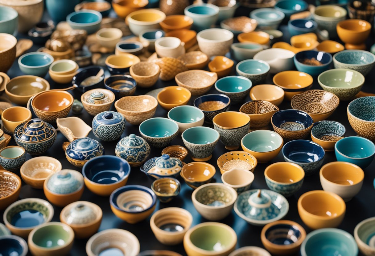 A colorful array of intricately designed ceramic pieces arranged in a dynamic display, showcasing the endless possibilities of shape, texture, and pattern