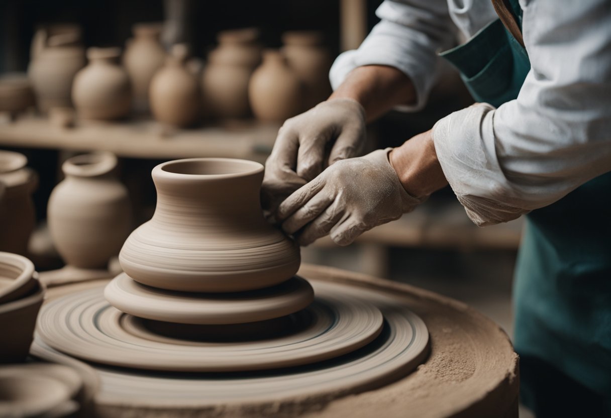 A potter's wheel spins as clay takes shape, guided by skilled hands. Shelves are lined with colorful glazes and finished pieces, showcasing the endless possibilities of ceramic craftsmanship