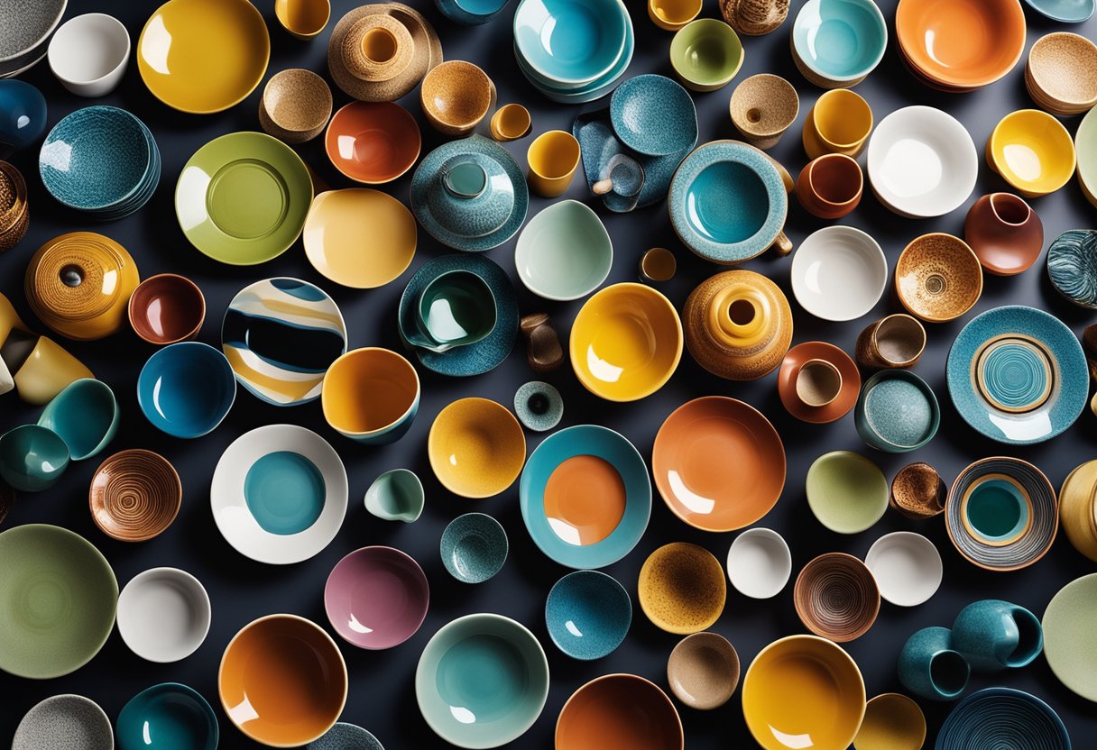 A colorful array of modern ceramic pieces arranged in an abstract and dynamic composition, showcasing the diverse and innovative trends in contemporary ceramic art