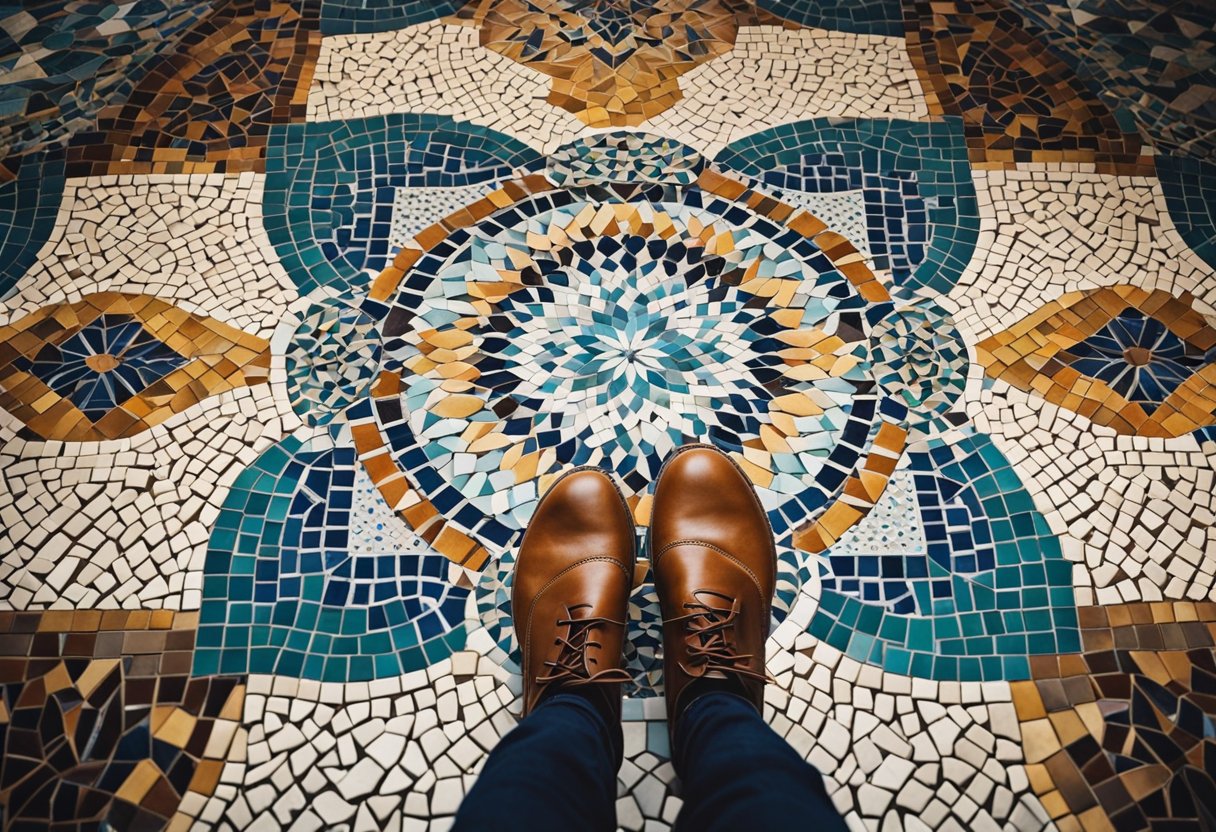 A mosaic floor with intricate detailing, featuring vibrant colors and complex patterns, creating a visually stunning and artistic display