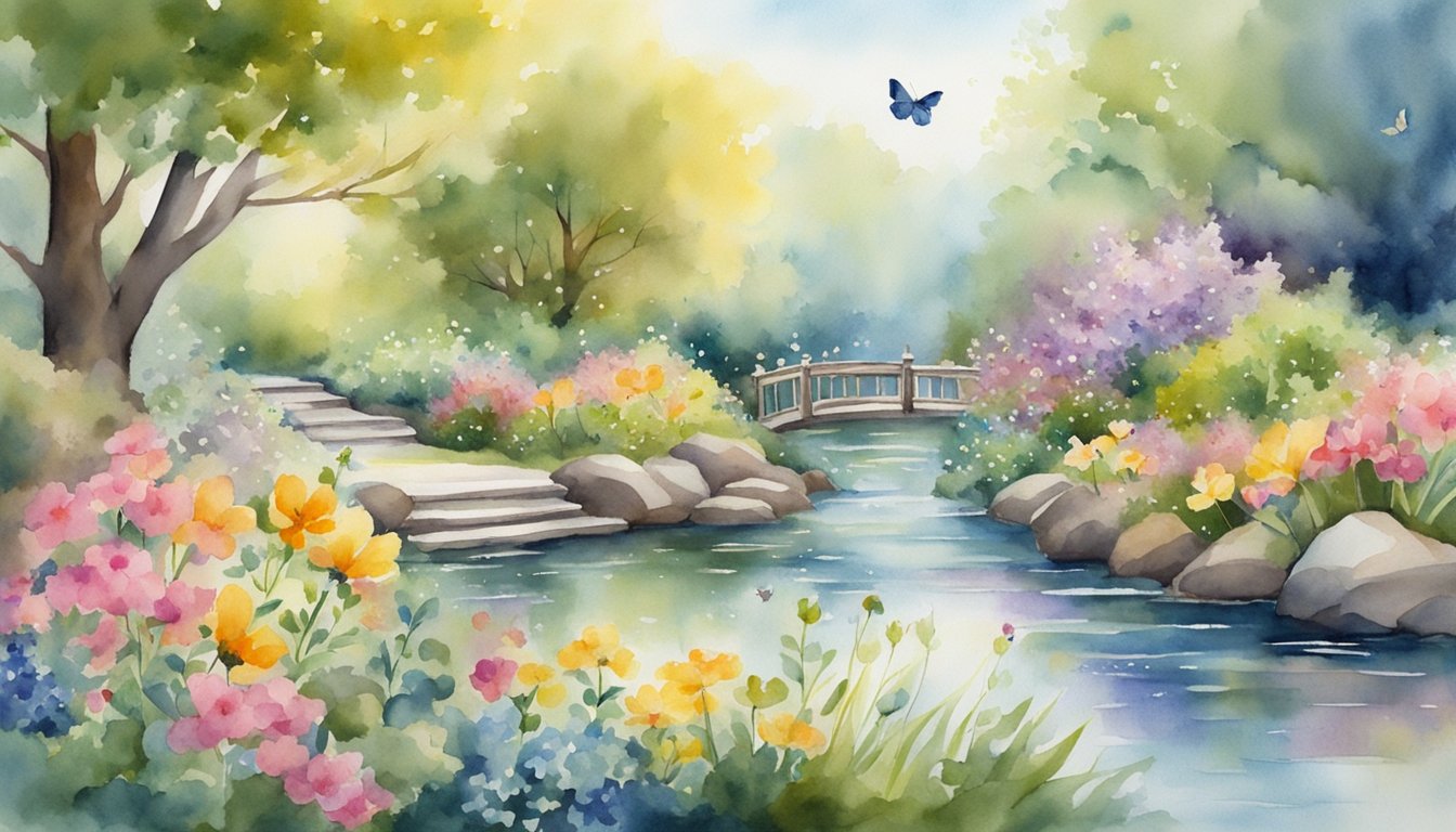 A tranquil garden with blooming flowers, shimmering streams, and gentle sunlight.</p><p>Butterflies and birds flutter and sing, while peaceful souls stroll and relax in harmony