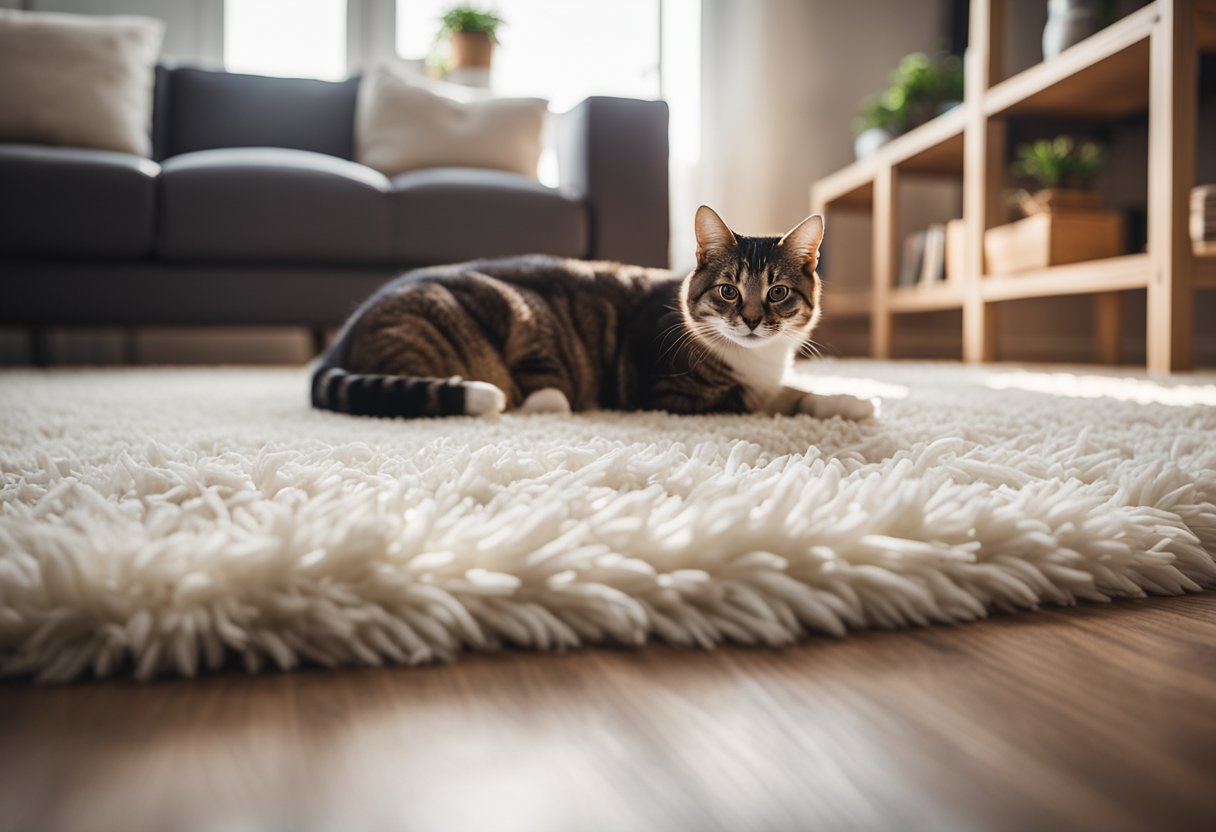 A cozy living room with a wagging dog tail and a purring cat lounging on scratch-resistant, easy-to-clean flooring