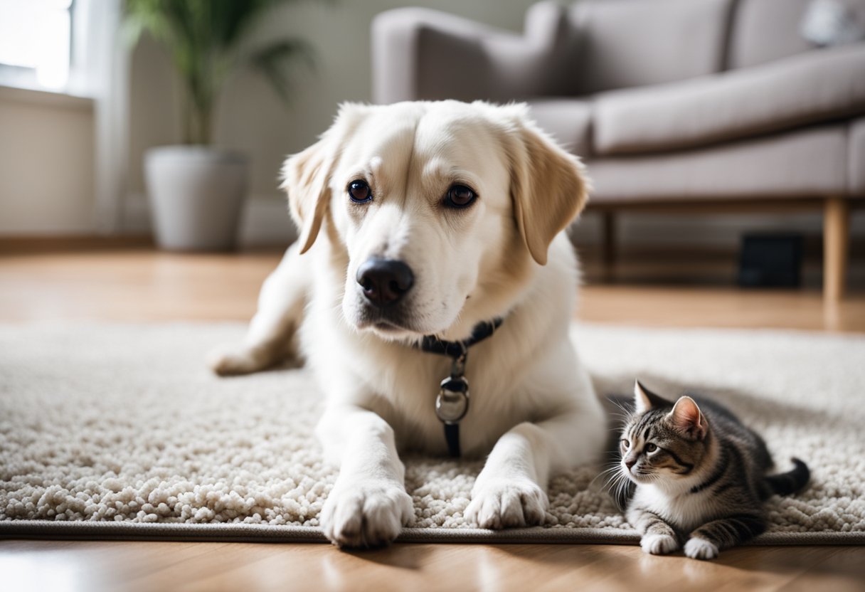 A dog happily walks across a smooth, scratch-resistant floor, while a cat lounges on a soft, stain-resistant carpet. Both pets look content in a clean, pet-friendly home