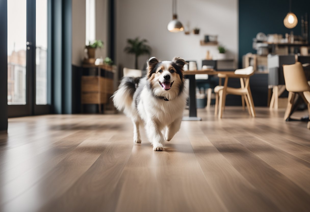 A dog happily walks across a room with durable, scratch-resistant flooring options like luxury vinyl, laminate, or tile, creating a pet-friendly home environment