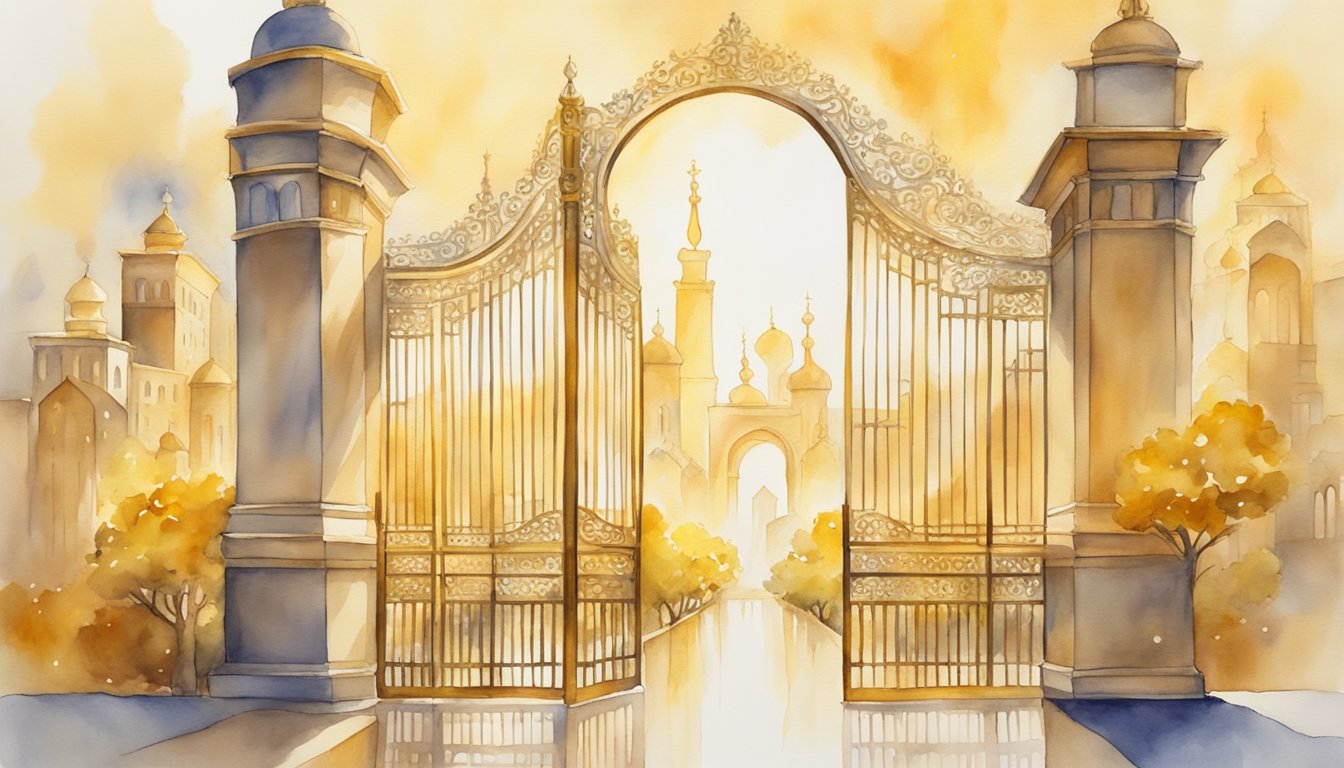 A golden city with pearly gates and streets of gold, surrounded by radiant light and filled with peace and joy