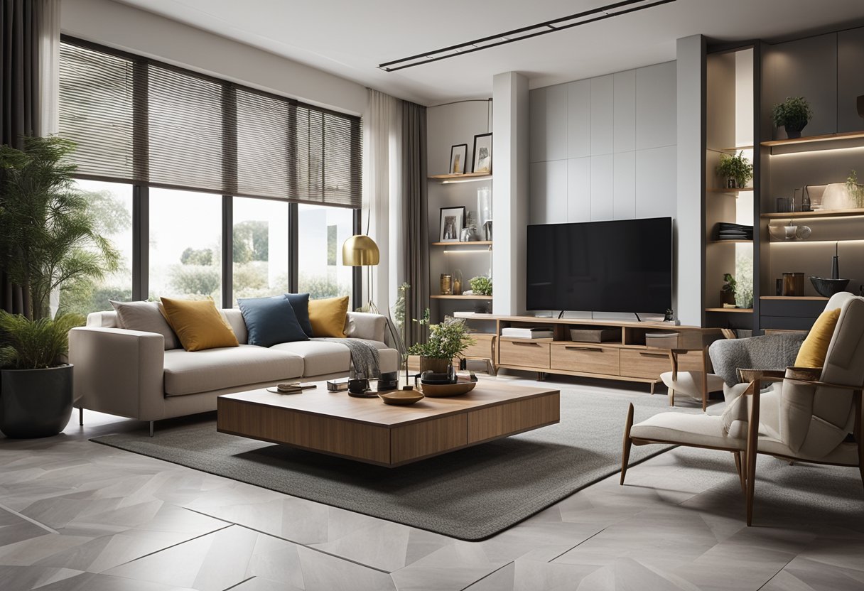 A modern living room with a mix of contemporary and traditional furniture, featuring a transitional tile floor that seamlessly blends different styles for a cohesive interior