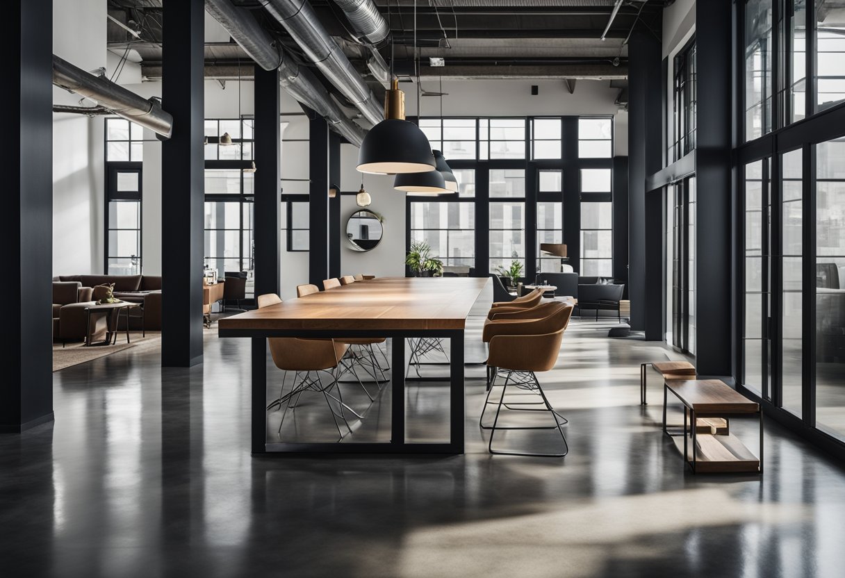 A modern, urban space with polished stained concrete floors, exposed industrial beams, and sleek, minimalist furniture