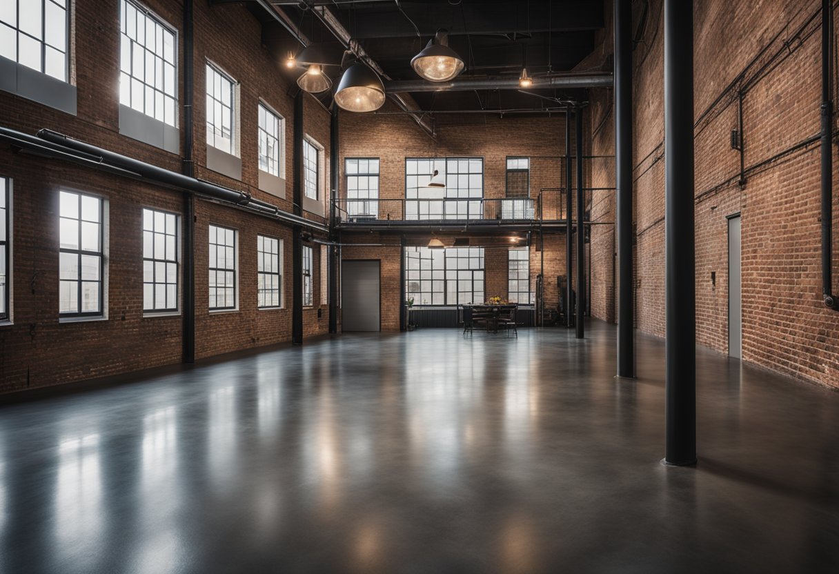 A sleek, modern loft with polished stained concrete floors, exposed brick walls, and industrial metal accents. Urban sophistication meets industrial chic