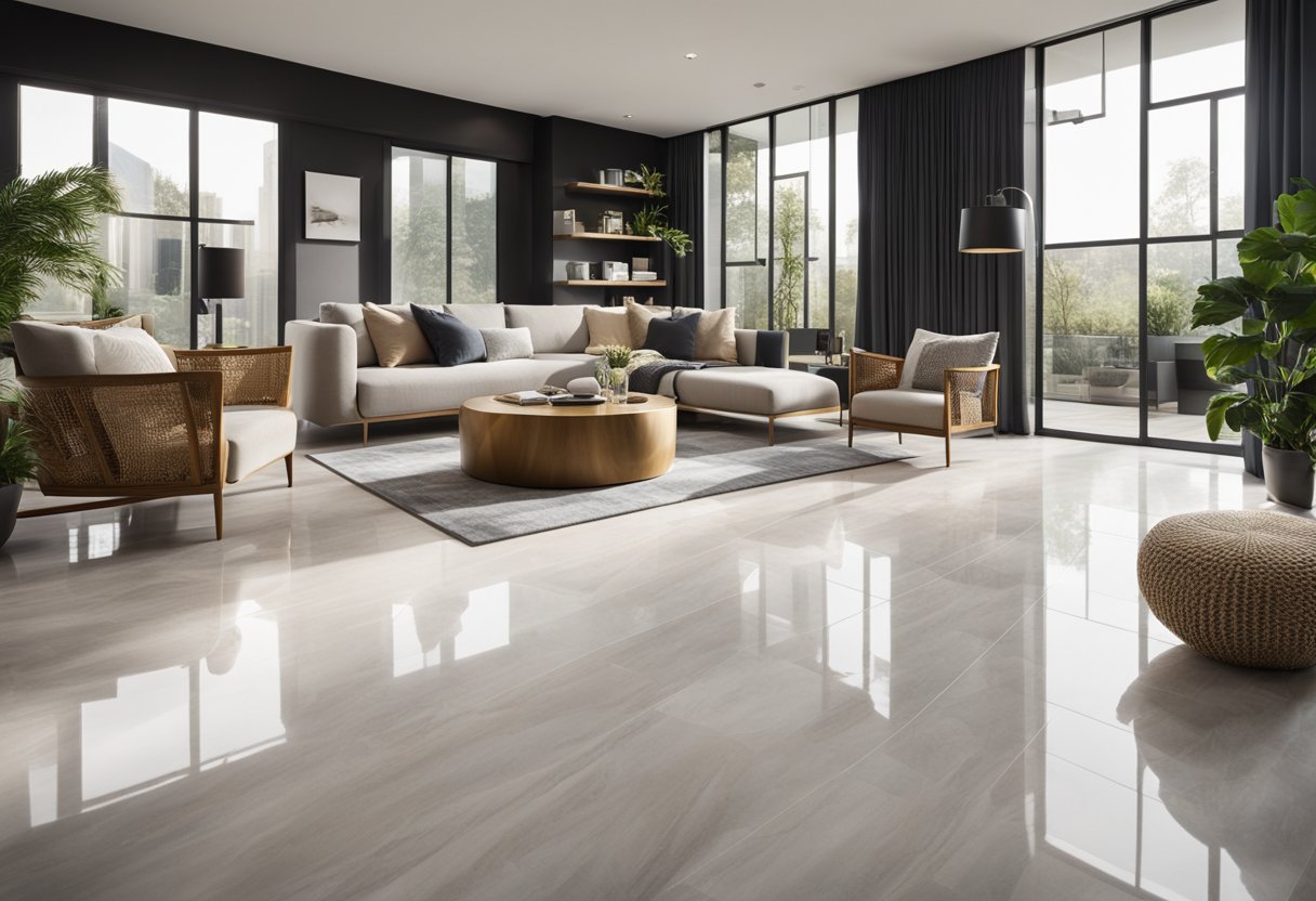 A modern living room with sleek quartzite flooring, bathed in natural light from large windows, creating a stylish and inviting atmosphere