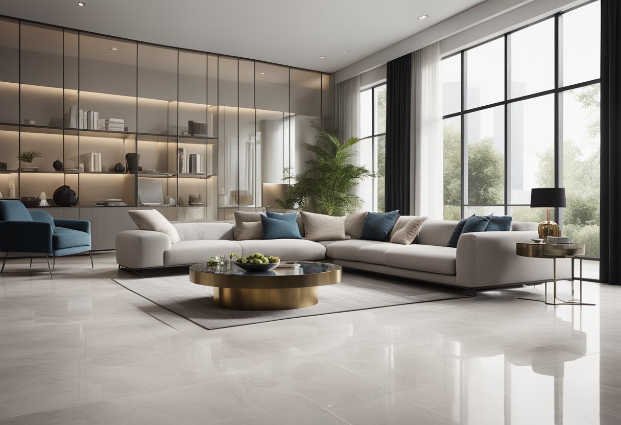 A modern living room with sleek quartzite flooring, featuring a minimalist design with clean lines and a neutral color palette