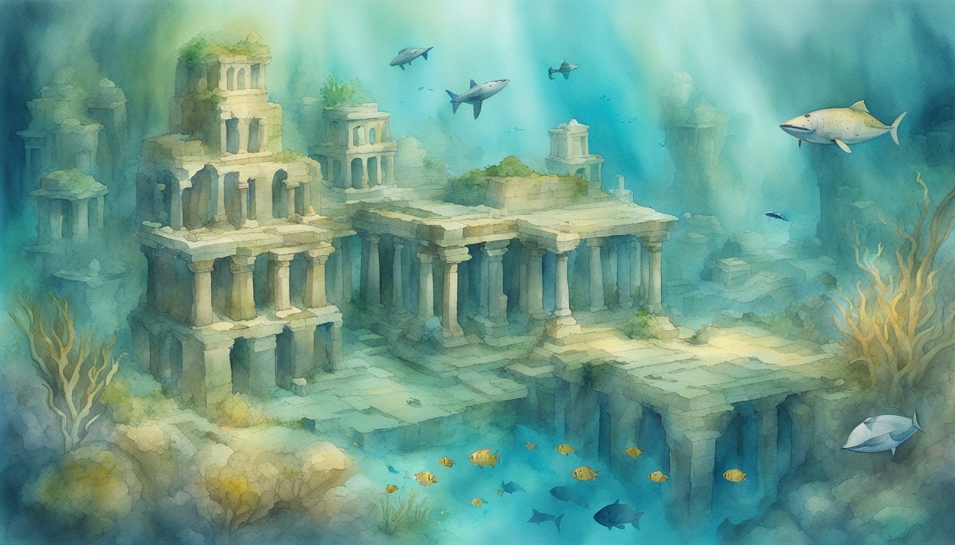 An aerial view of underwater ruins with ancient structures and artifacts scattered across the ocean floor, surrounded by marine life