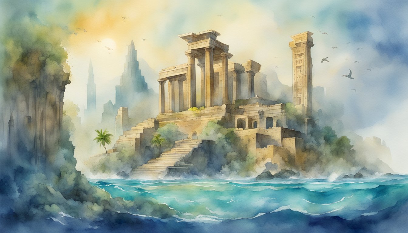 Ancient ruins of Atlantis rise from the ocean, surrounded by mysterious symbols and artifacts, evoking a sense of wonder and awe