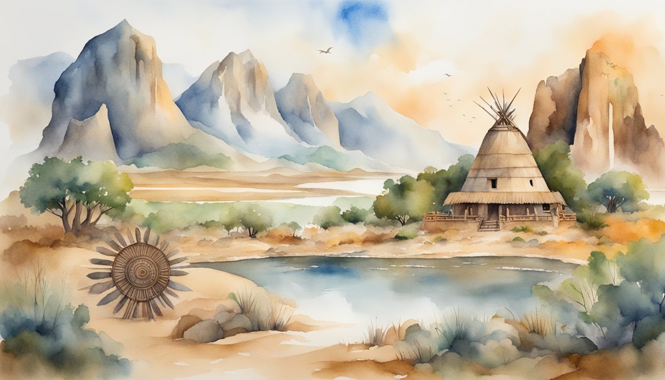A landscape with traditional symbols and artifacts, surrounded by natural landmarks, representing the cultural and political significance of the native land