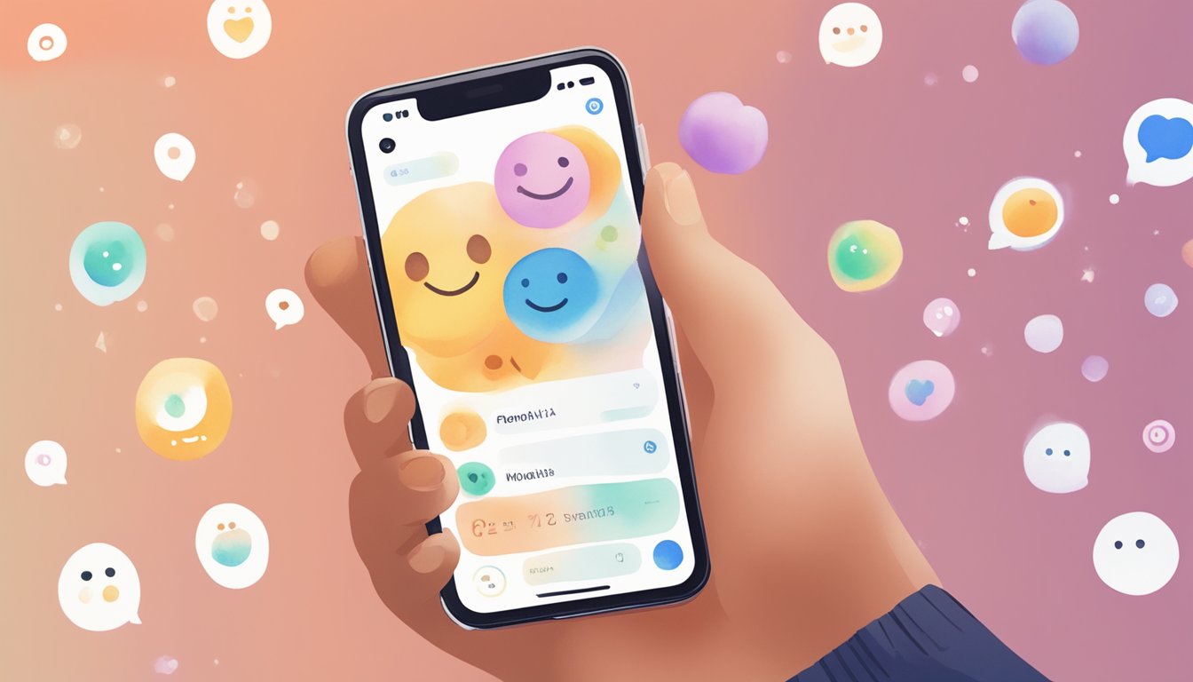 A user interacts with Replika AI on a smartphone, smiling.</p><p>The app's interface shows conversation bubbles and emoticons, with a warm color scheme