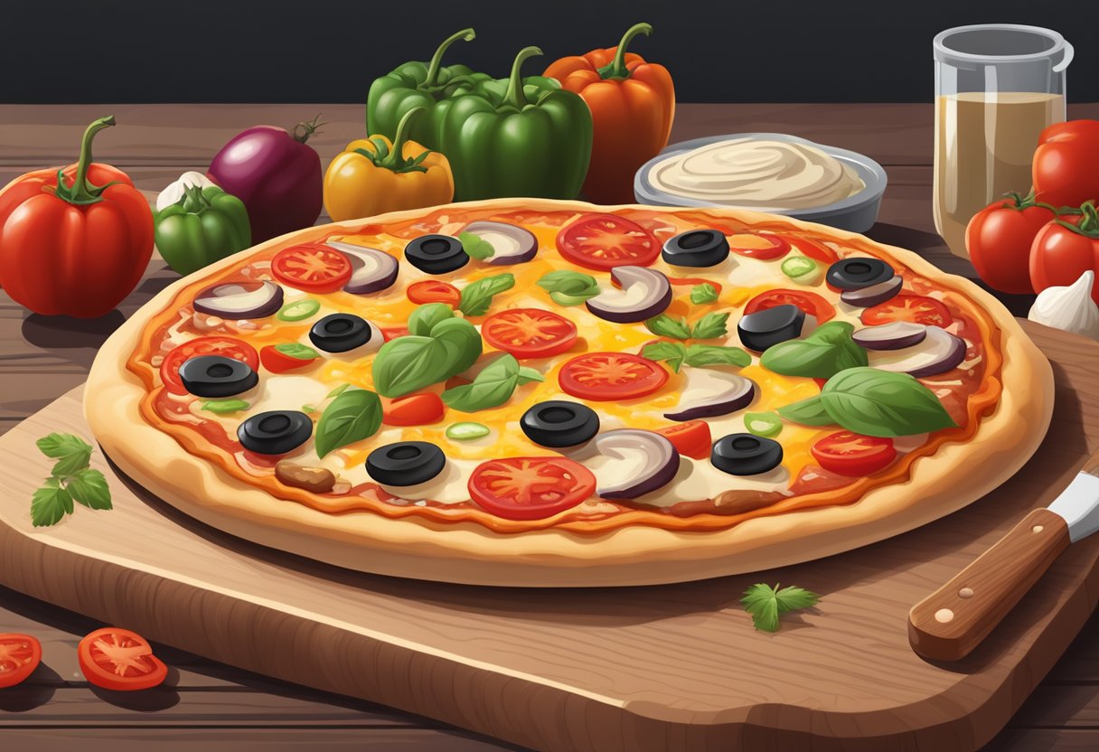 A pizza with thin crust sits on a wooden cutting board. It is topped with tomato sauce, melted cheese, and various colorful toppings like pepperoni, bell peppers, and mushrooms