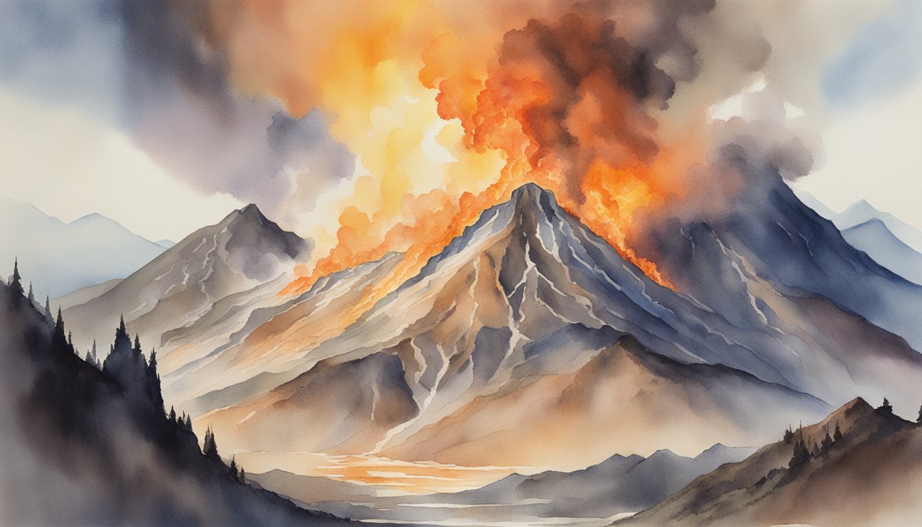 A fiery volcano erupts, spewing molten lava and billowing smoke into the sky, surrounded by rugged terrain and ash-covered landscape