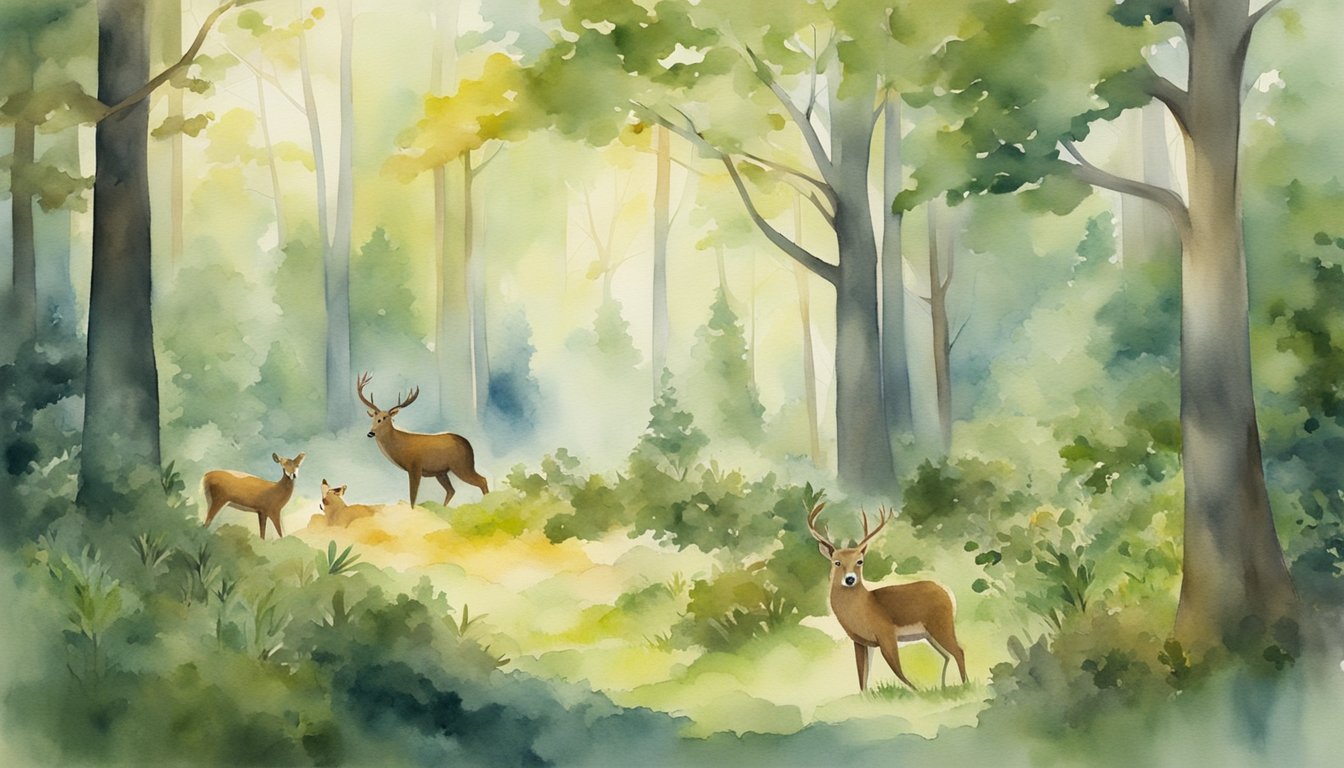 Various animals roam the lush forest: deer graze, squirrels scurry, birds chirp, and a bear lumbers through the trees