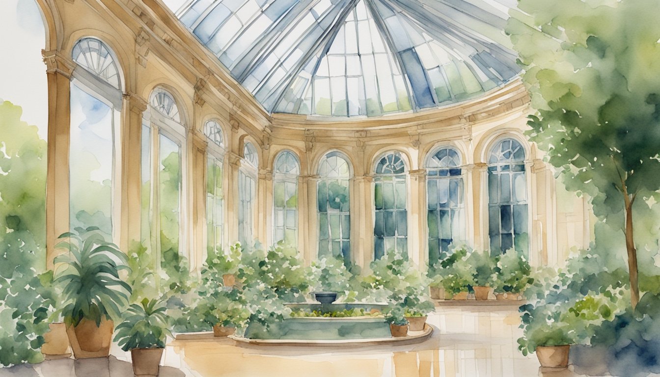 A grand conservatory with classical architecture and lush greenery, filled with the sounds of music and the sights of students practicing their craft