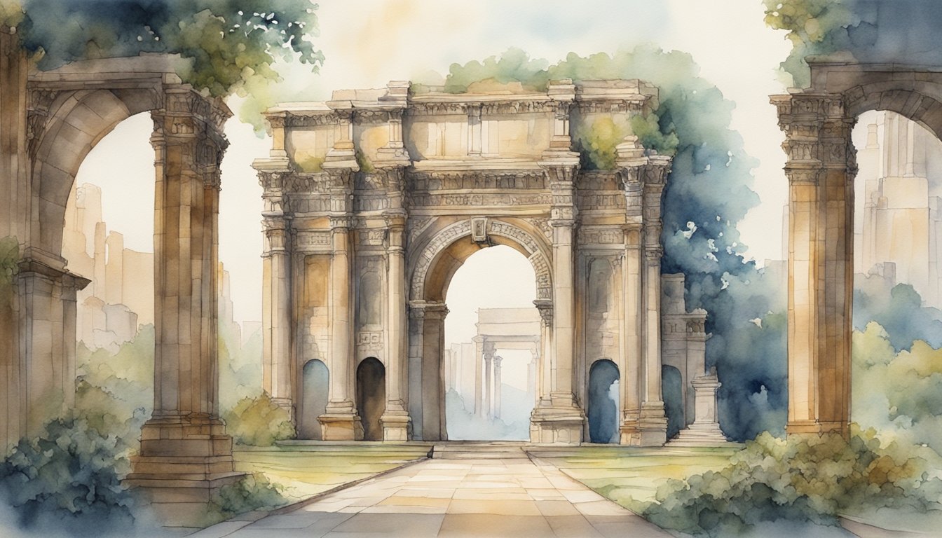 A grand stone archway stands tall, adorned with intricate carvings symbolizing the duality of past and future.</p><p>Surrounding it, ancient ruins and modern skyscrapers coexist, representing the enduring influence of Janus in culture and history