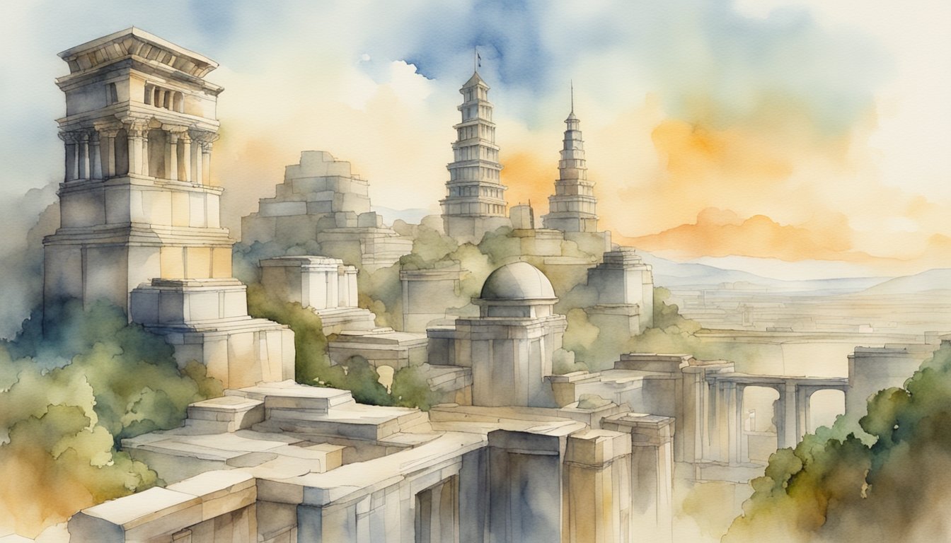 A futuristic city skyline with ancient ruins integrated into the architecture, symbolizing the modern legacy and relevance of Janus