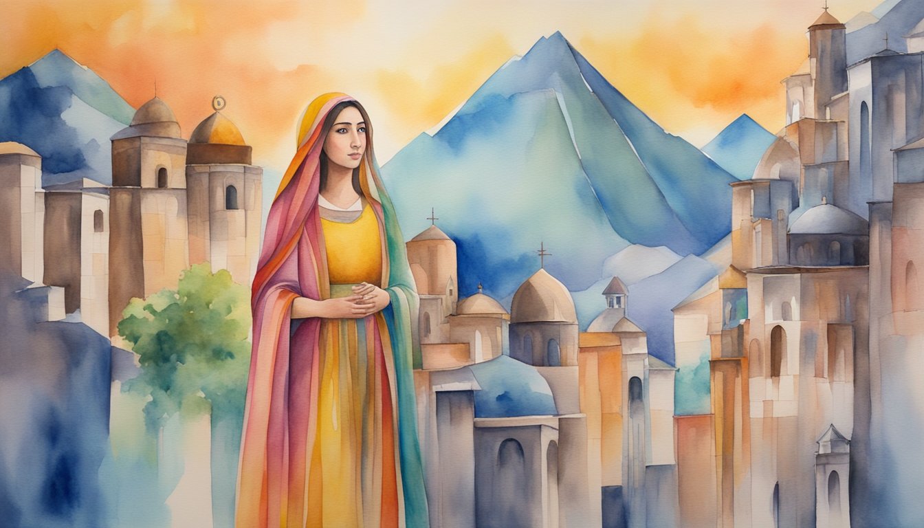 Mary Magdalene's image is reimagined in modern art, symbolizing her cultural impact.</p><p>A woman standing in a vibrant, diverse city, surrounded by different cultures and traditions, representing her timeless influence