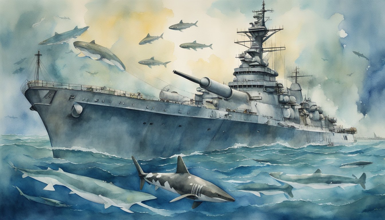 The USS Indianapolis lies in the depths, surrounded by circling sharks, leaving behind a haunting legacy