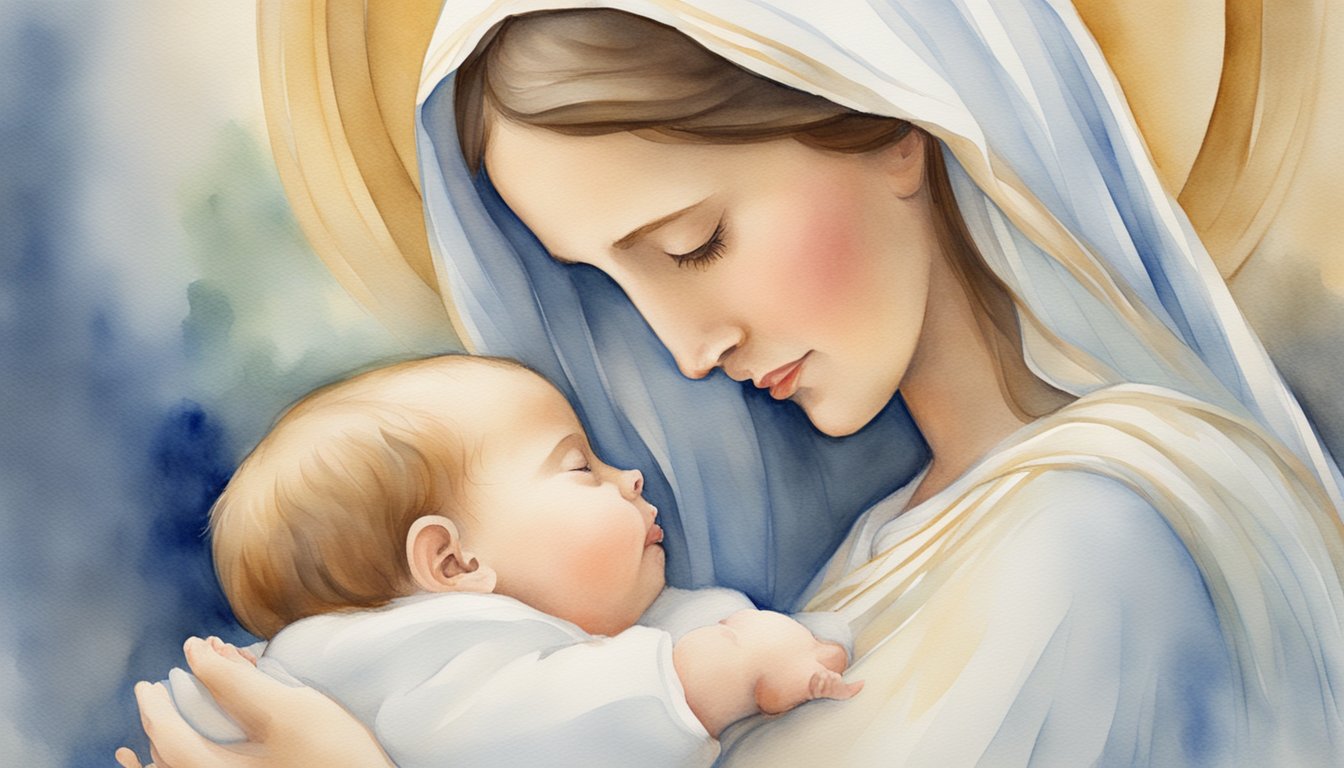Mary stands before a humble manger, radiating love and devotion as she cradles her newborn son, Jesus, with a serene and gentle expression on her face