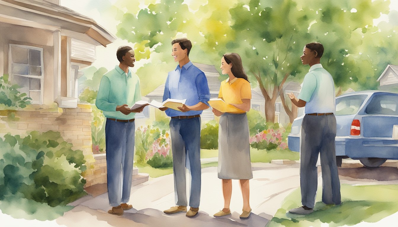 A group of Jehovah's Witnesses engage in door-to-door outreach, sharing literature and engaging in respectful conversations with community members