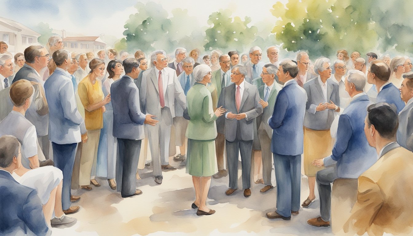A group of Jehovah's Witnesses engage in heated debates, surrounded by onlookers.</p><p>Tension fills the air as differing opinions clash