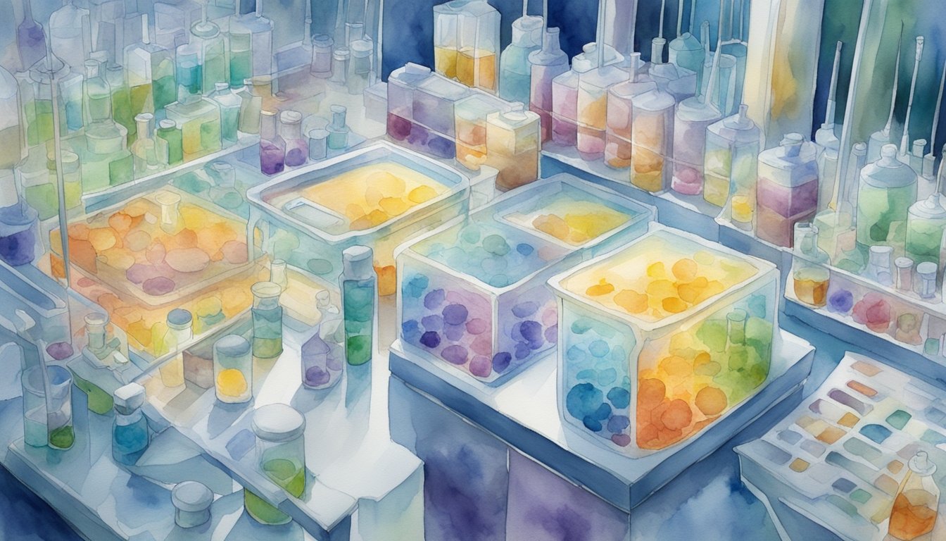 Hybridoma cells in culture media, surrounded by lab equipment and reagents, with researchers conducting experiments