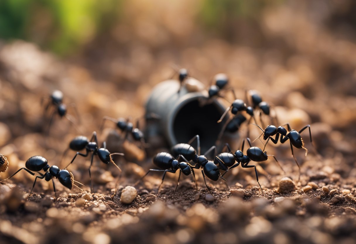 Ants gathering around bait stations, consuming the poison and returning to their nest