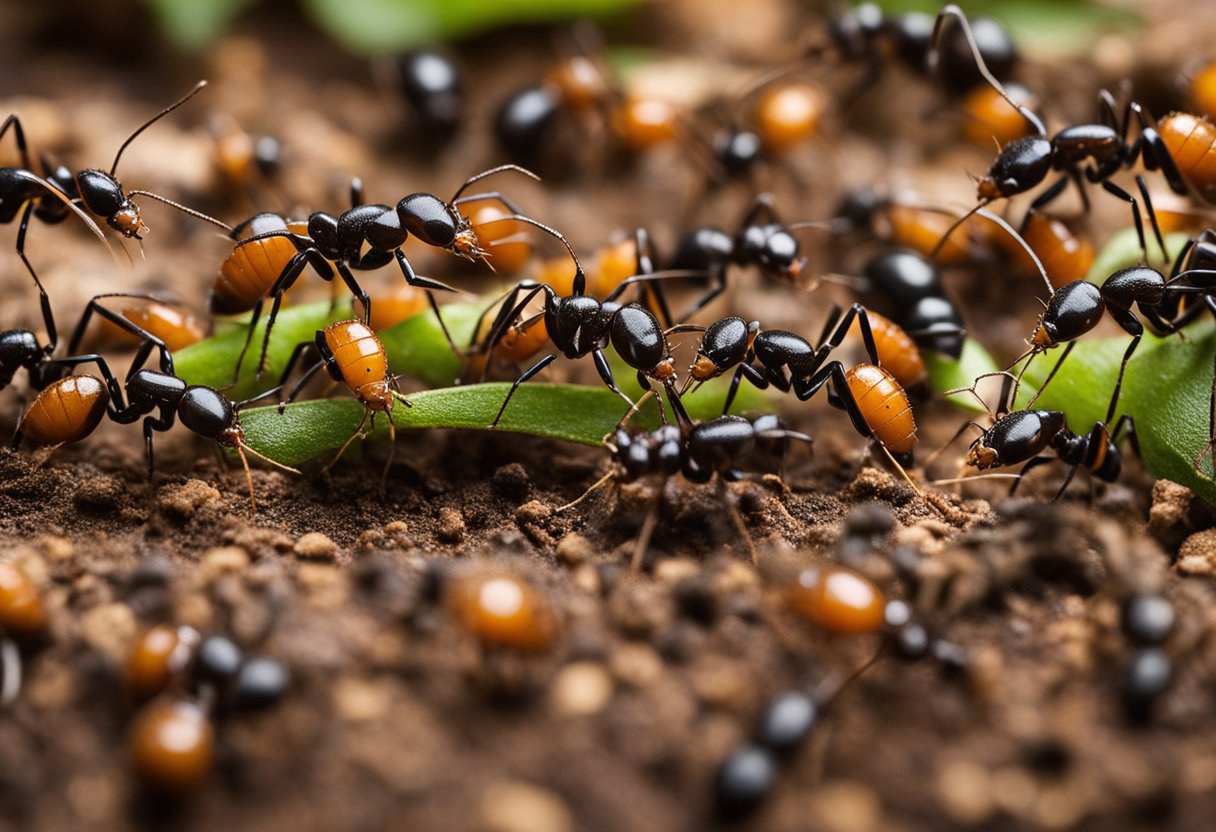 Extermination of ants using bait, targeting wood ants, sugar ants, and black ants. Illustrate ant control methods without human presence