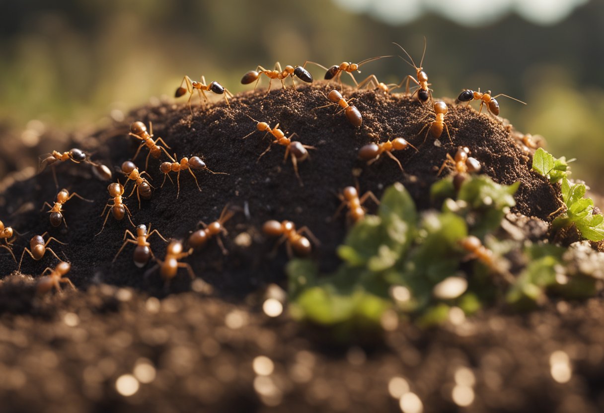 A trail of ants converging on a small pile of bait, with different species of ants approaching and interacting with the bait