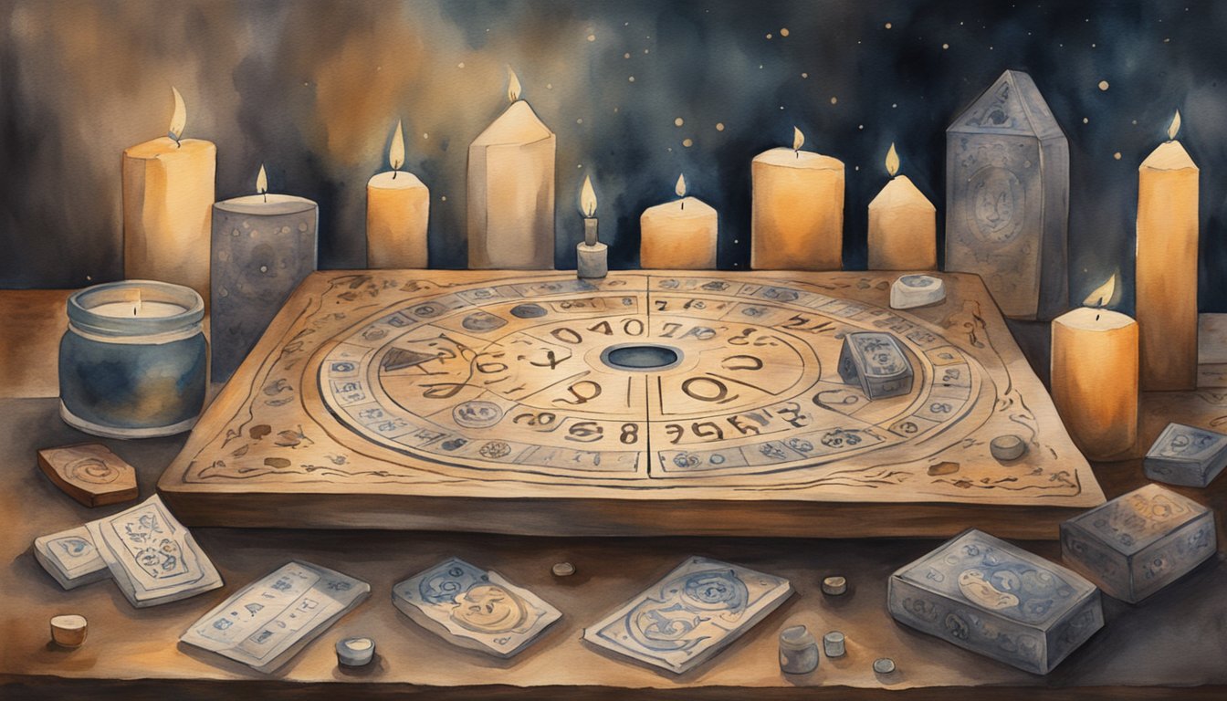 An old, wooden ouija board sits on a dusty table, surrounded by flickering candles and mysterious symbols.</p><p>A sense of eerie anticipation fills the air