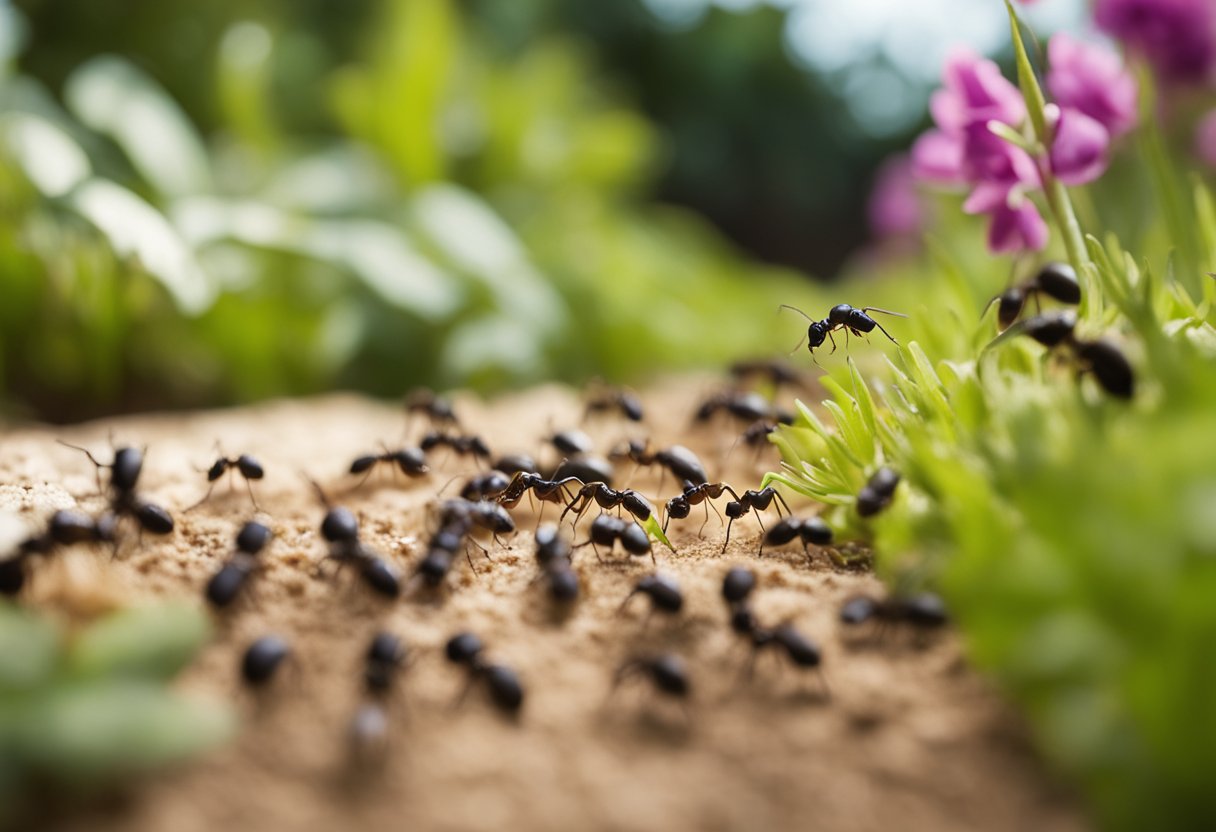 A trail of different types of ants leading to bait stations in a garden, with one ant carrying a piece of food back to its nest
