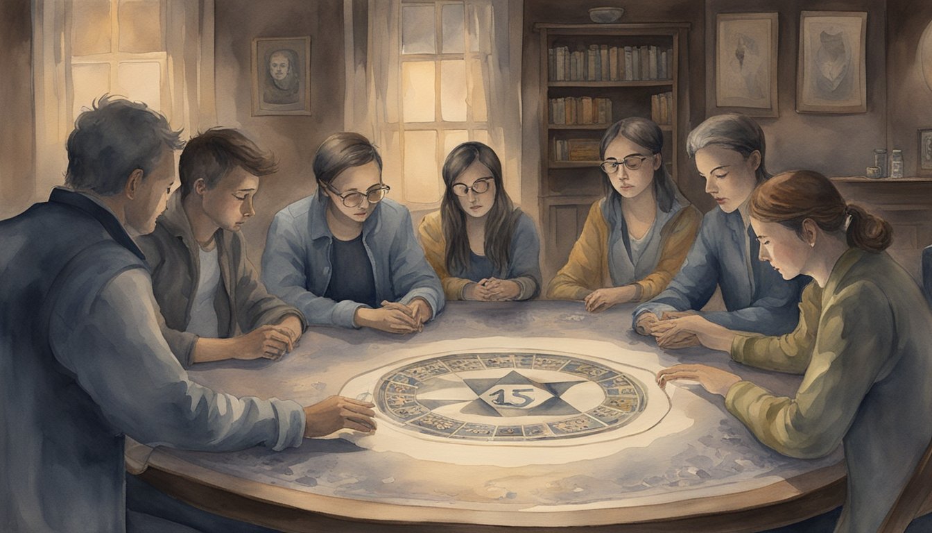 A group of people sitting around a table, with a Ouija board in the center.</p><p>The room is dimly lit, adding to the mysterious and eerie atmosphere