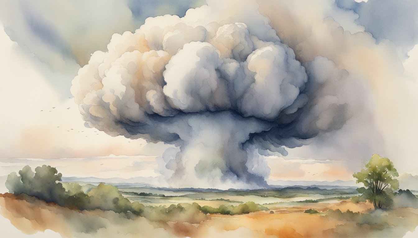 A mushroom cloud billows from the impact site as shockwaves ripple across the landscape, leaving destruction in its wake
