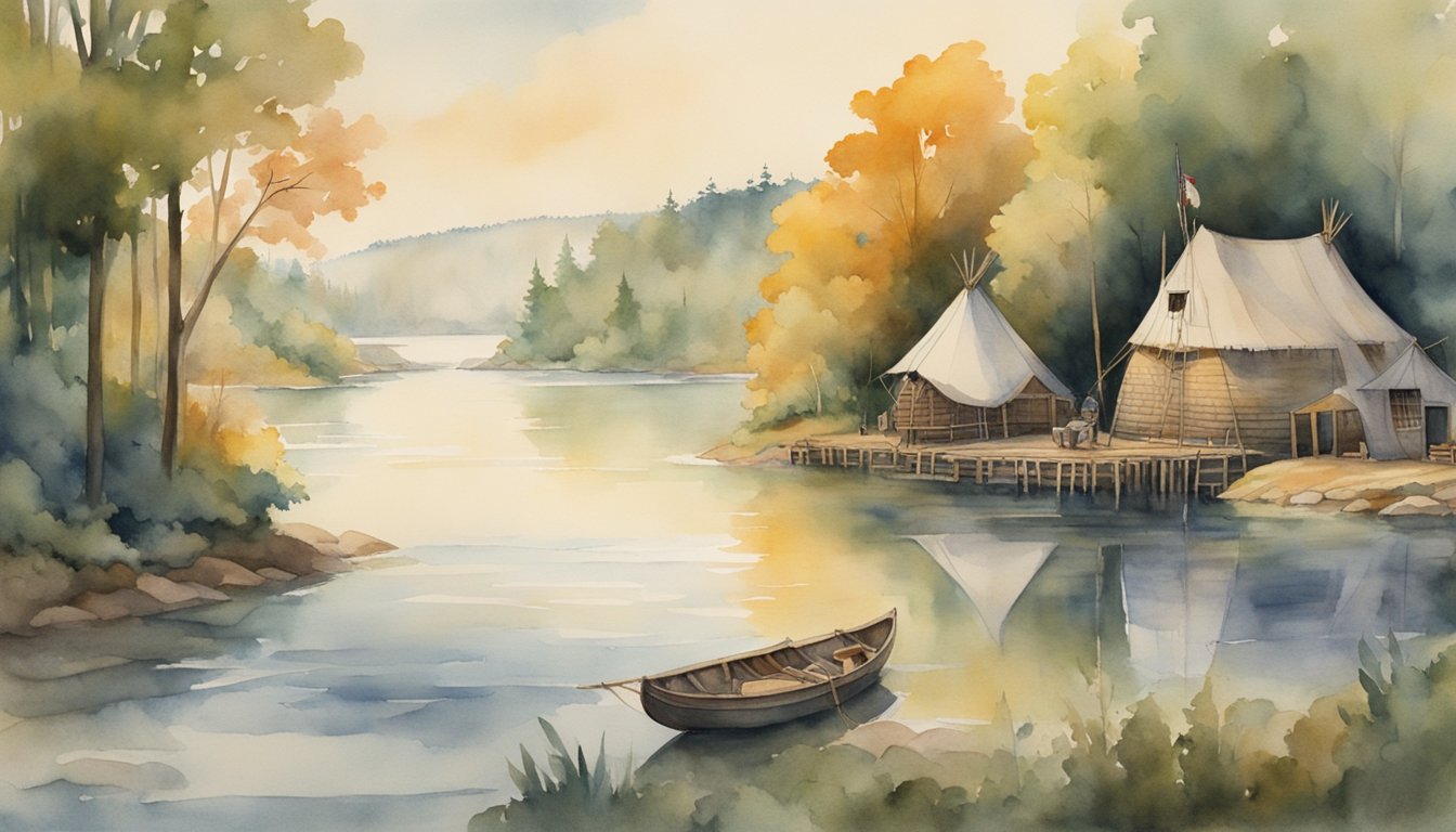 Pocahontas's legacy depicted through a Native American village with a river, forest, and a ship in the background