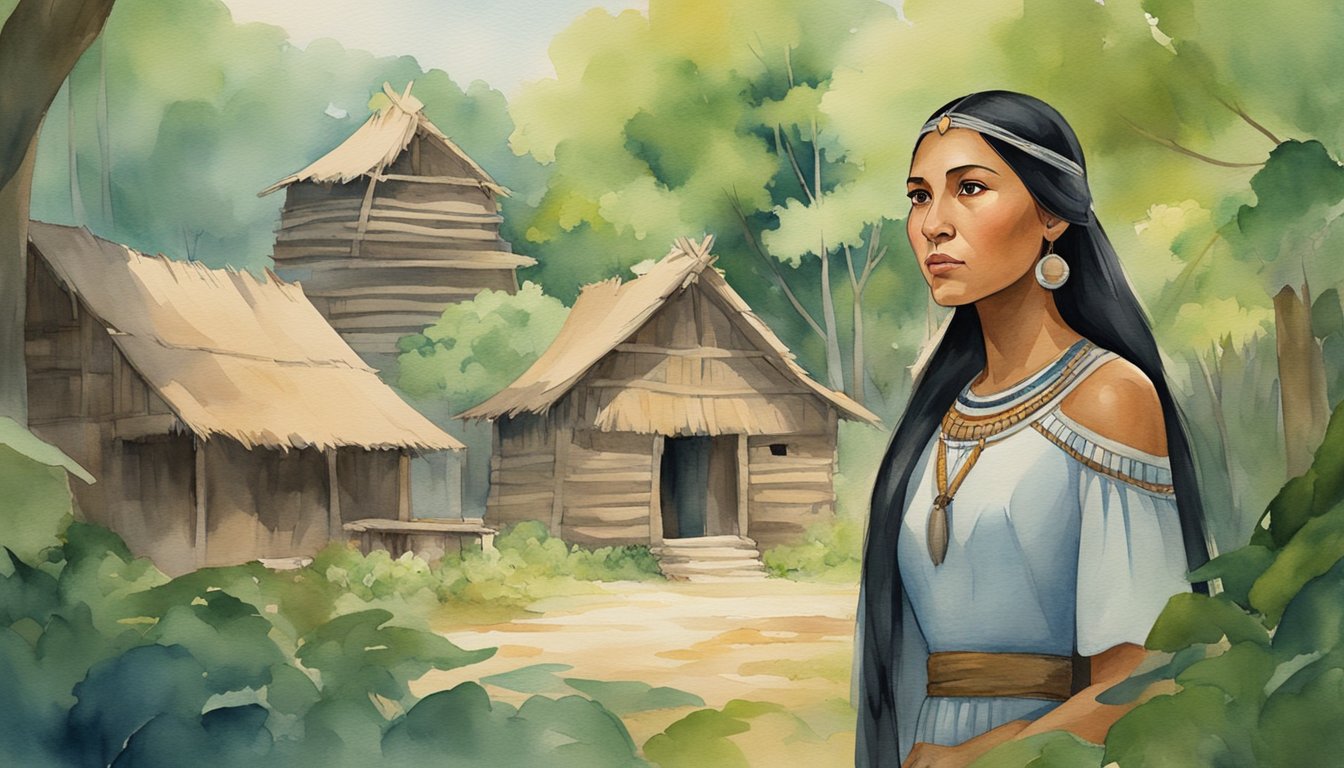 Pocahontas stands confidently in her native village, surrounded by lush greenery and traditional Powhatan structures.</p><p>She gazes out with determination, challenging the misconceptions of her culture