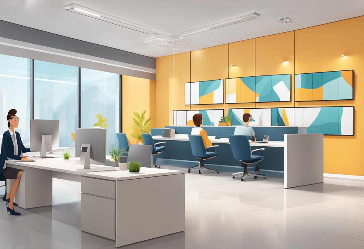 A bright and modern office space with a welcoming reception area, where customers are seen speaking with friendly staff members