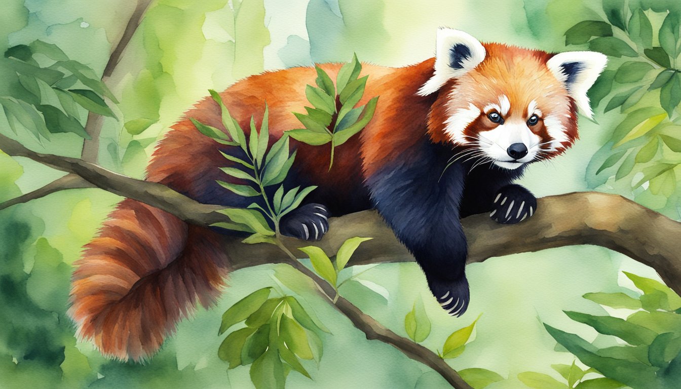 The red panda is perched on a tree branch in a lush, mountainous forest.</p><p>Its vibrant red fur stands out against the green foliage as it surveys its habitat