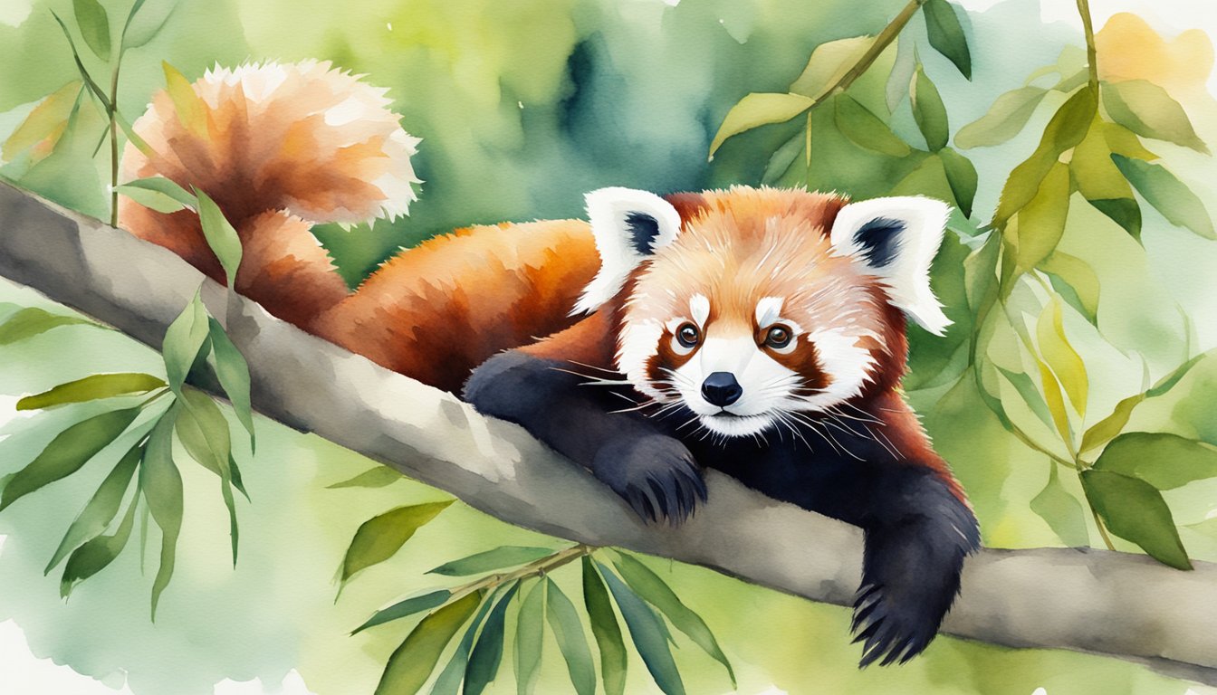 A red panda perches on a tree branch, nibbling on bamboo leaves.</p><p>Its tail curls around its body as it gazes around with bright, curious eyes