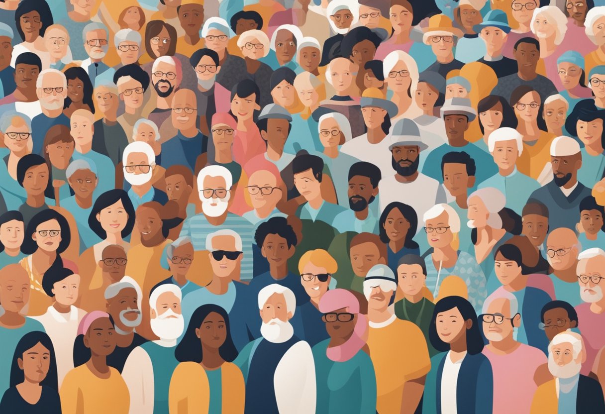 A diverse group of people of various ages and backgrounds, representing the prevalence and demographics of cancer survivors, gather in a supportive community setting