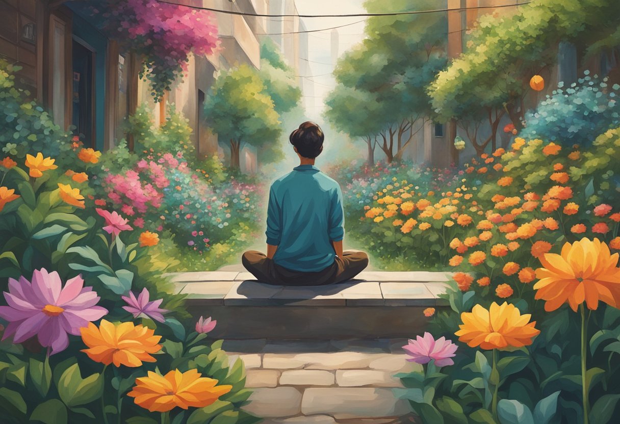 A person sitting in a peaceful garden, surrounded by colorful flowers and lush greenery. A sense of calm and hope radiates from their posture