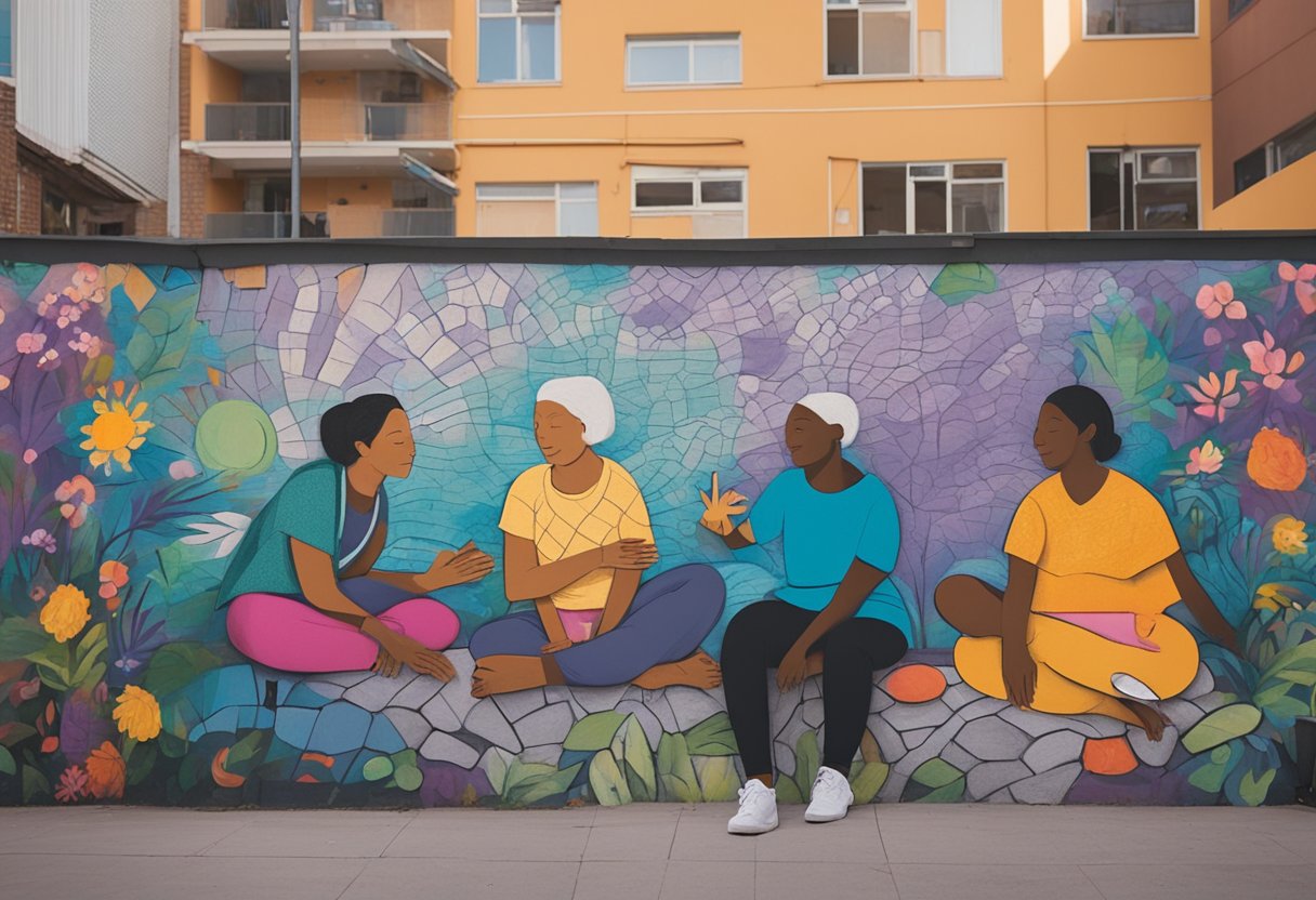 A serene and comforting environment with a supportive therapist and a group of cancer survivors engaging in various holistic and mental health care activities