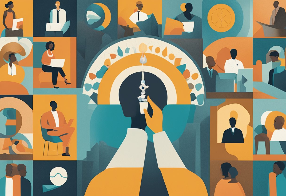 A diverse group of people engage in discussions on health disparities and cancer survivorship, while a bright future is depicted through symbols of hope and progress